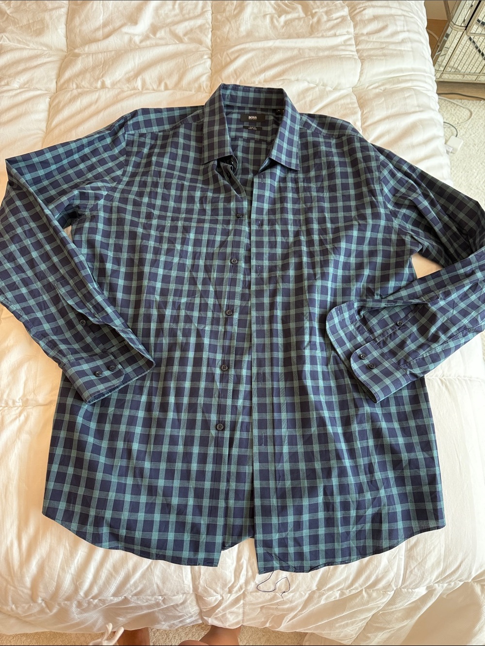 Boss Plaid Button-Down Shirt in Navy and Teal